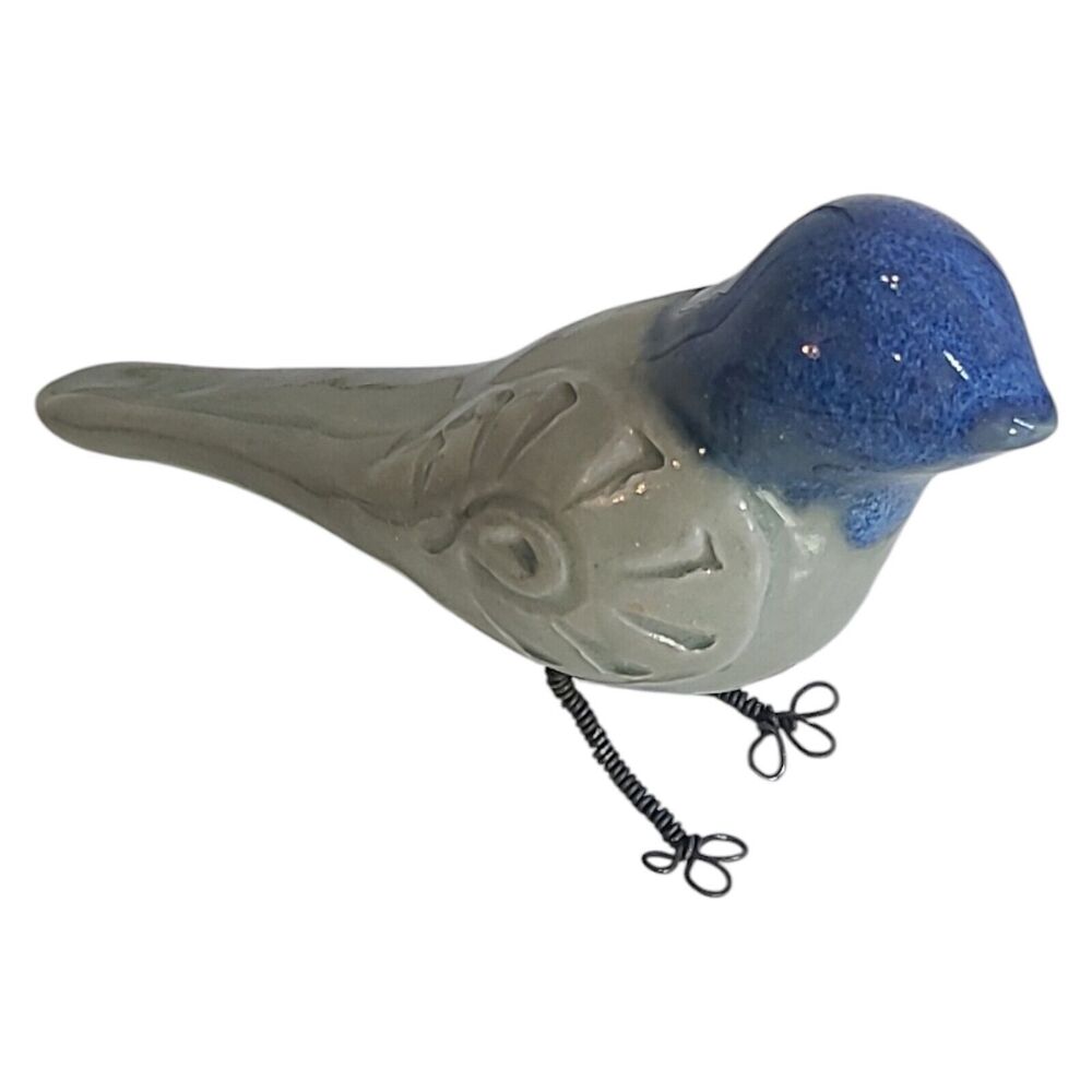 Ceramic Art Pottery Blue Bird Figurine Wire Feet Unsigned